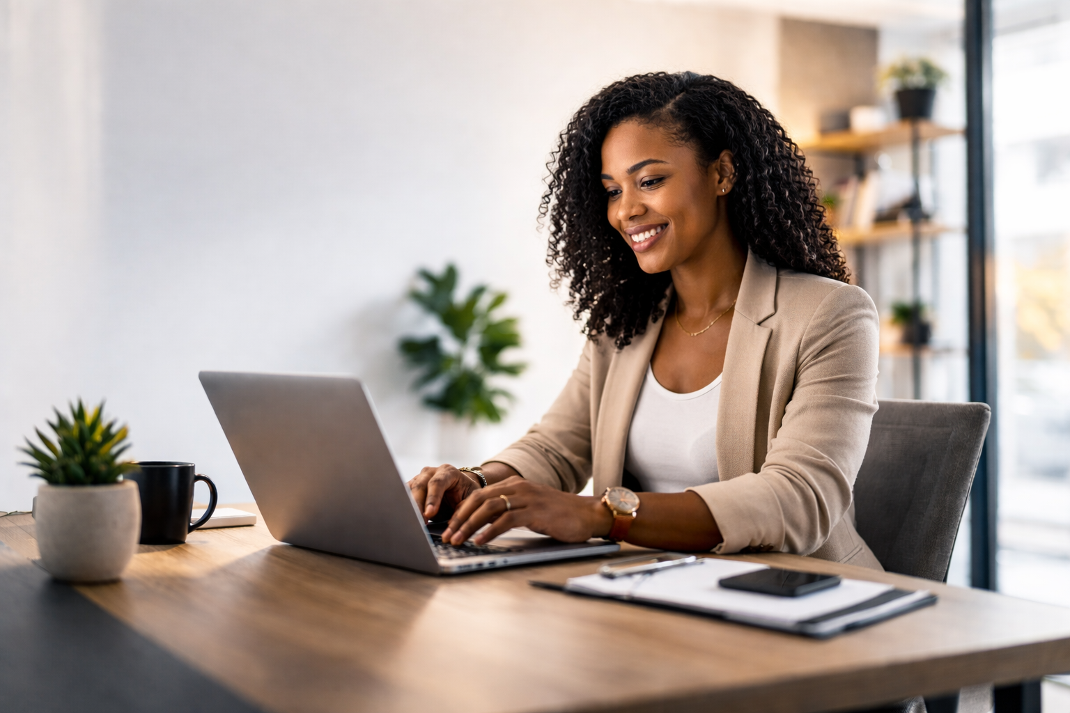 Namibian business owner using laptop
